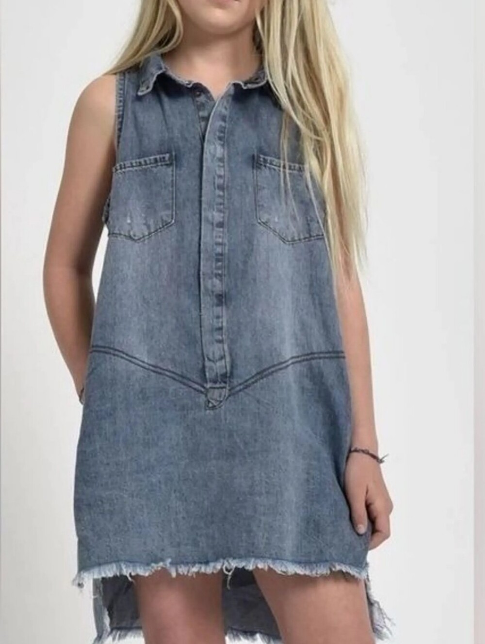 One Teaspoon Sleeveless Medium Wash Distressed Denim Shift Shirt Dress L